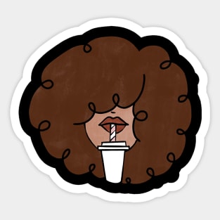 Pepette with a straw Beautiful Black Woman Drinking in a Travel Mug Cute Coffee Dates Coffee Espresso Cappuccino Latte Macchiato Coffee with Milk Cute Black Woman with Afro Hair Natural Hair Curly Hair Perfect Coffee Lover Gift for African American Sticker